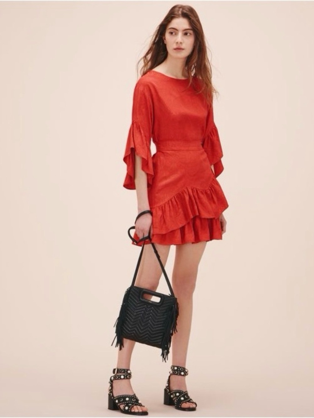 Maje Red Tiered Ruffle Mini Dress